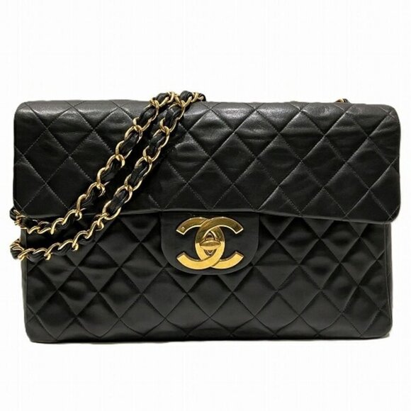 Authentic CHANEL Jumbo Maxi XL 24K Gold Flap Bag Lambskin Chain Shoulder Black - Picture 1 of 11